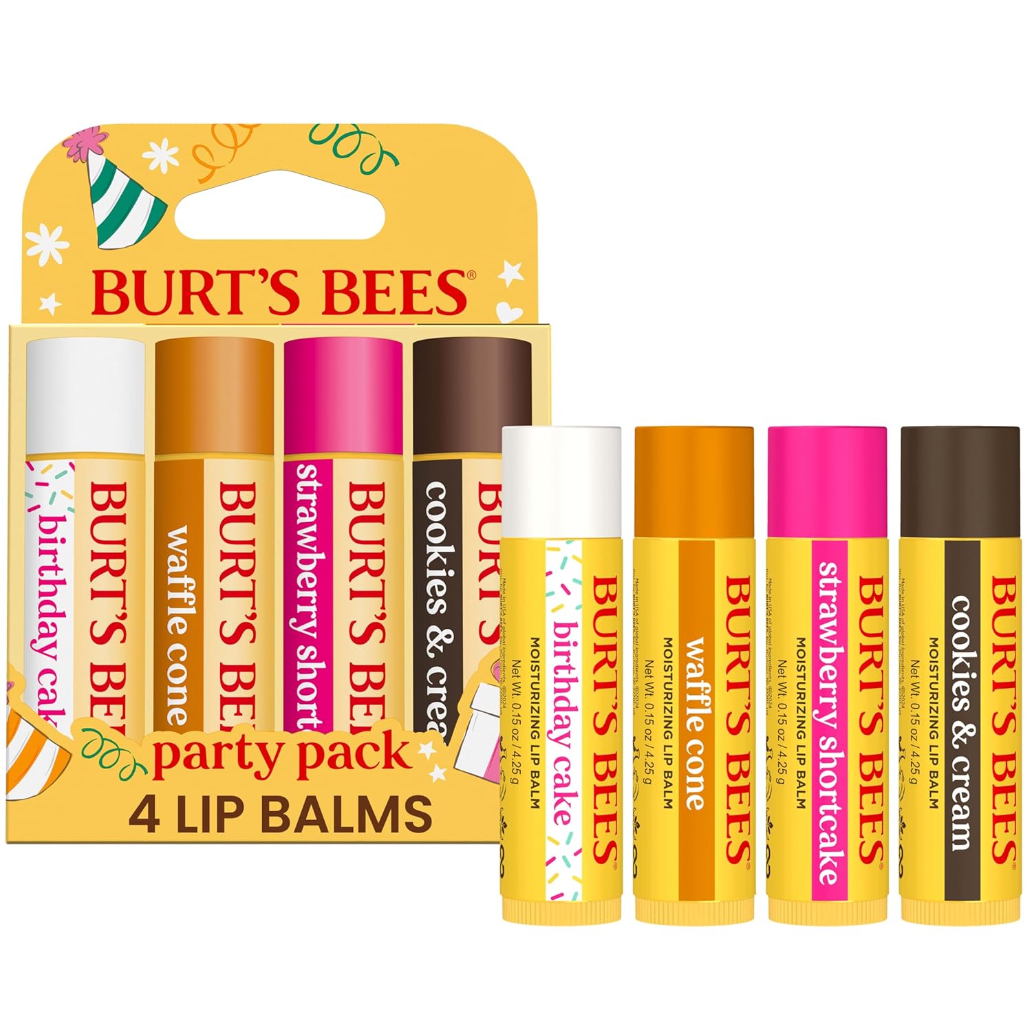 Burt's Bees Gifts Ideas - Juego de bálsamo labial para fiesta de jardín, vainilla lavanda, melocotón dulce, manzana verde, miel de flores silvestres, con cera de abejas de origen responsable, tratamiento labial de origen natural, 0.15 onzas, cuatro tubos