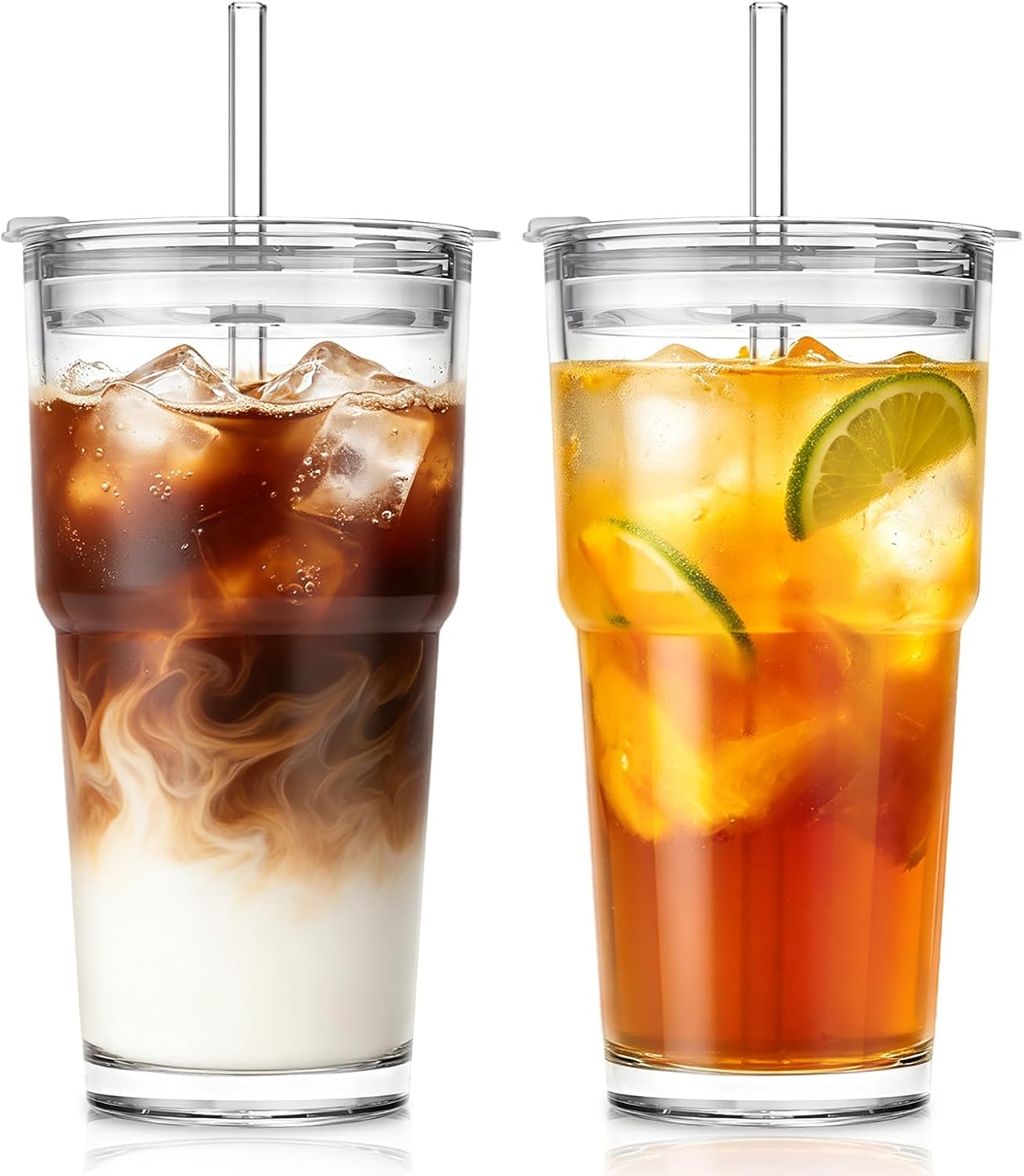SoulTimes Juego de 2 vasos de vidrio acanalados y florales de 20 onzas, vasos de vidrio reutilizables con tapa y popote de vidrio, tazas de café helado para agua, batido, leche, cóctel y más, perfecto