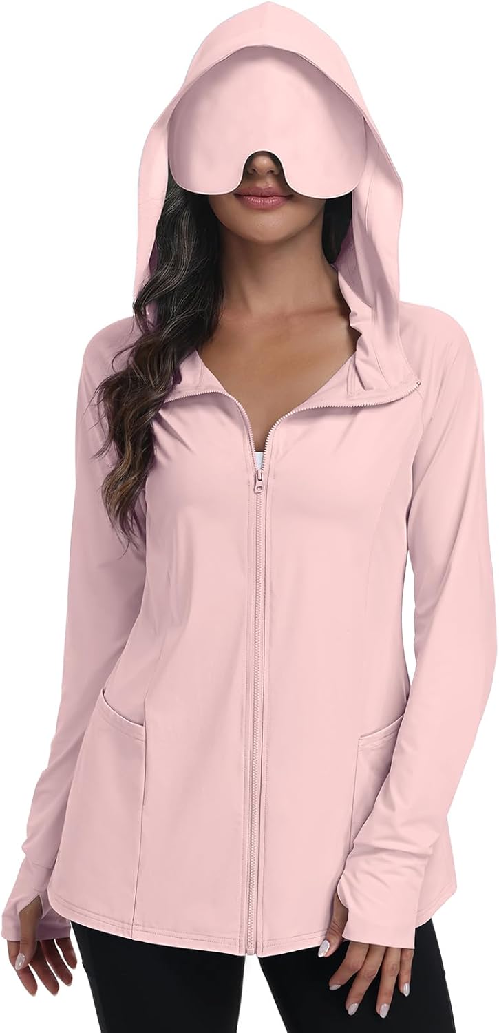 SeSe Code Sudadera con capucha de viaje con máscara de ojos, cremallera y protección solar, chaqueta ligera con bolsillos, para dormir al aire libre