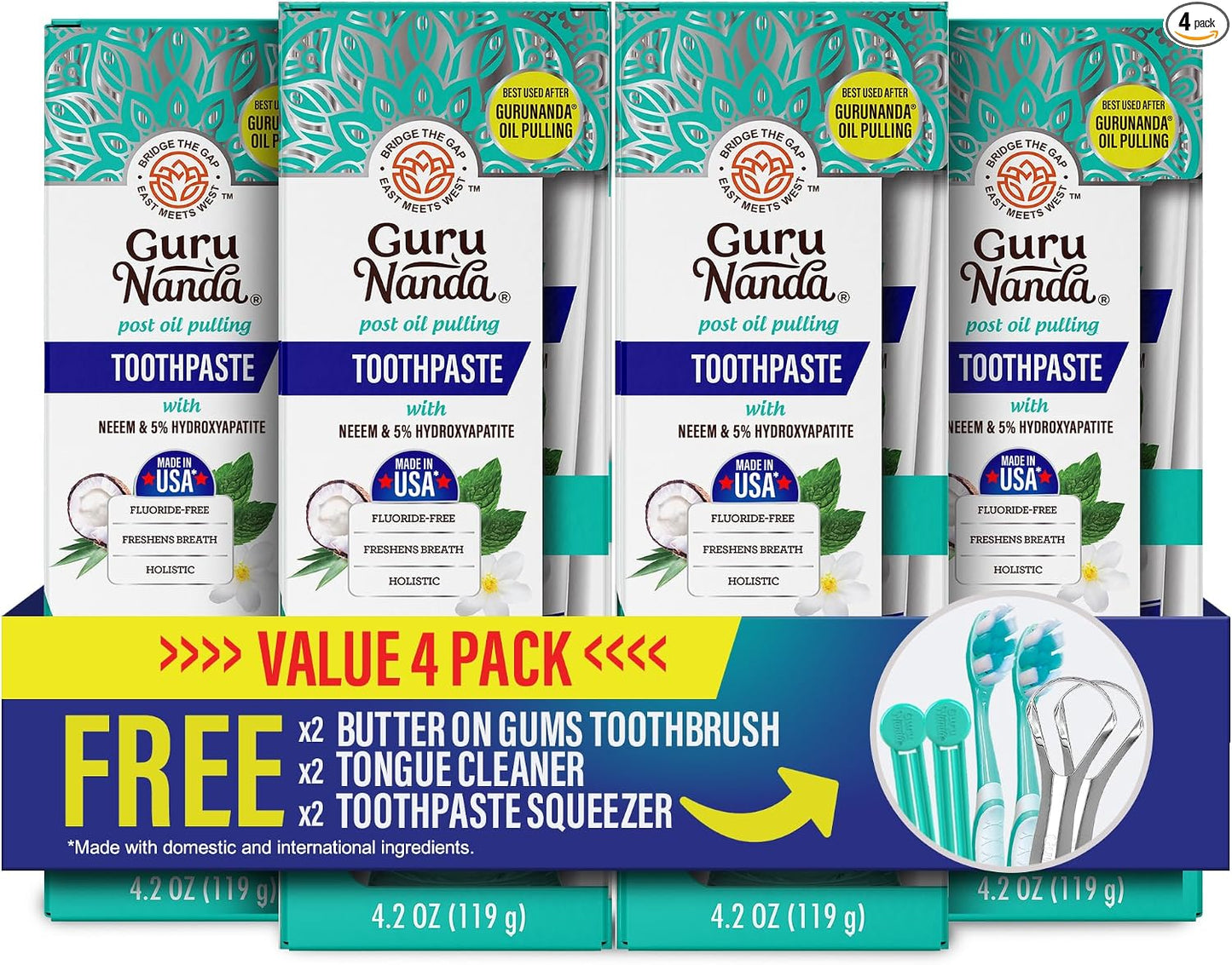 GuruNanda Pasta de dientes con hidroxiapatita, libre de SLS y fluoruro, pasta de dientes blanqueadora con raspador de lengua y exprimidor - Refresca la respiración, combate la placa - CocoMint natural