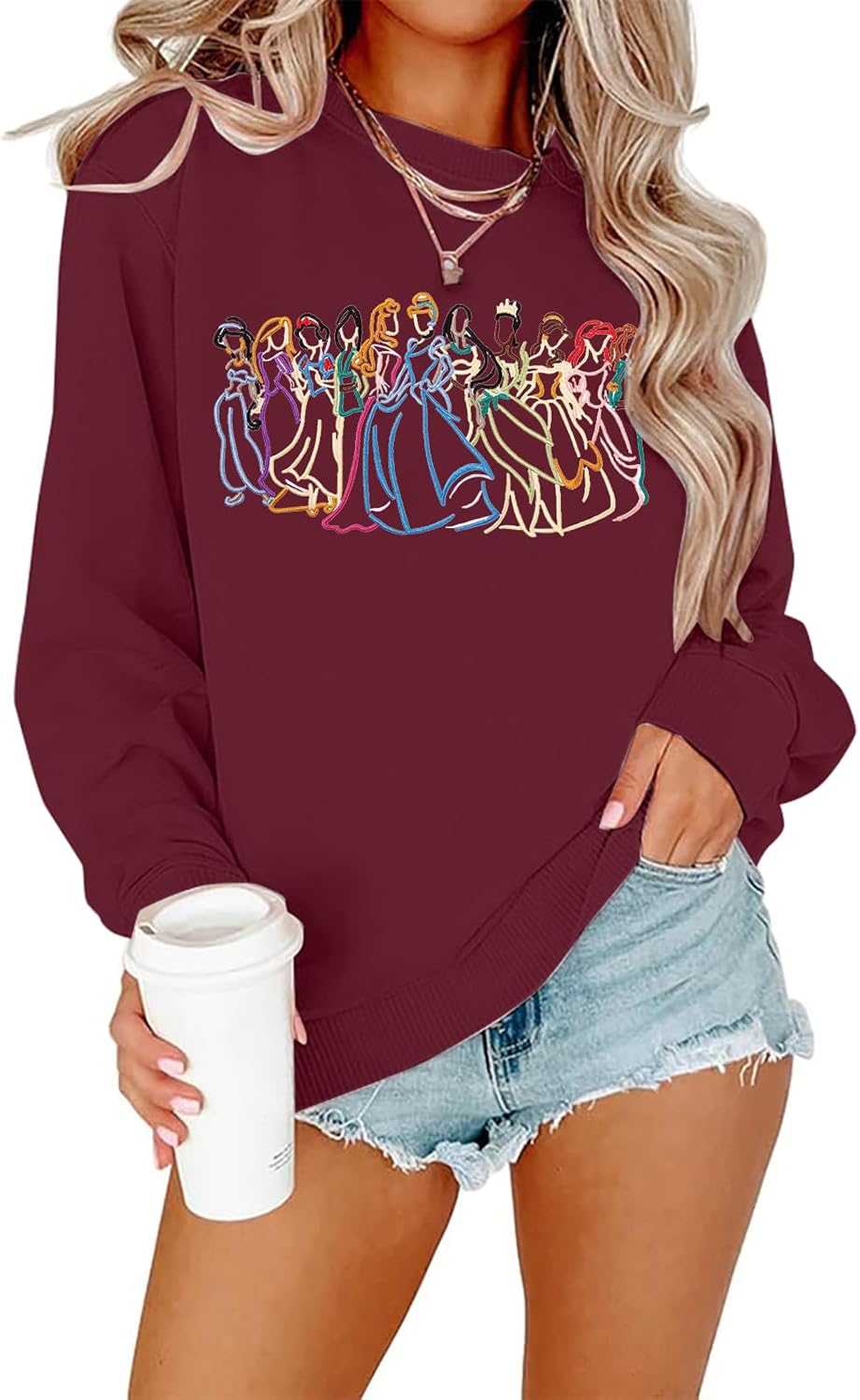 BANGELY Sudadera mágica para mujer, lindo suéter de princesa mágica bordado, camisa de vacaciones para la familia, camiseta casual de manga larga