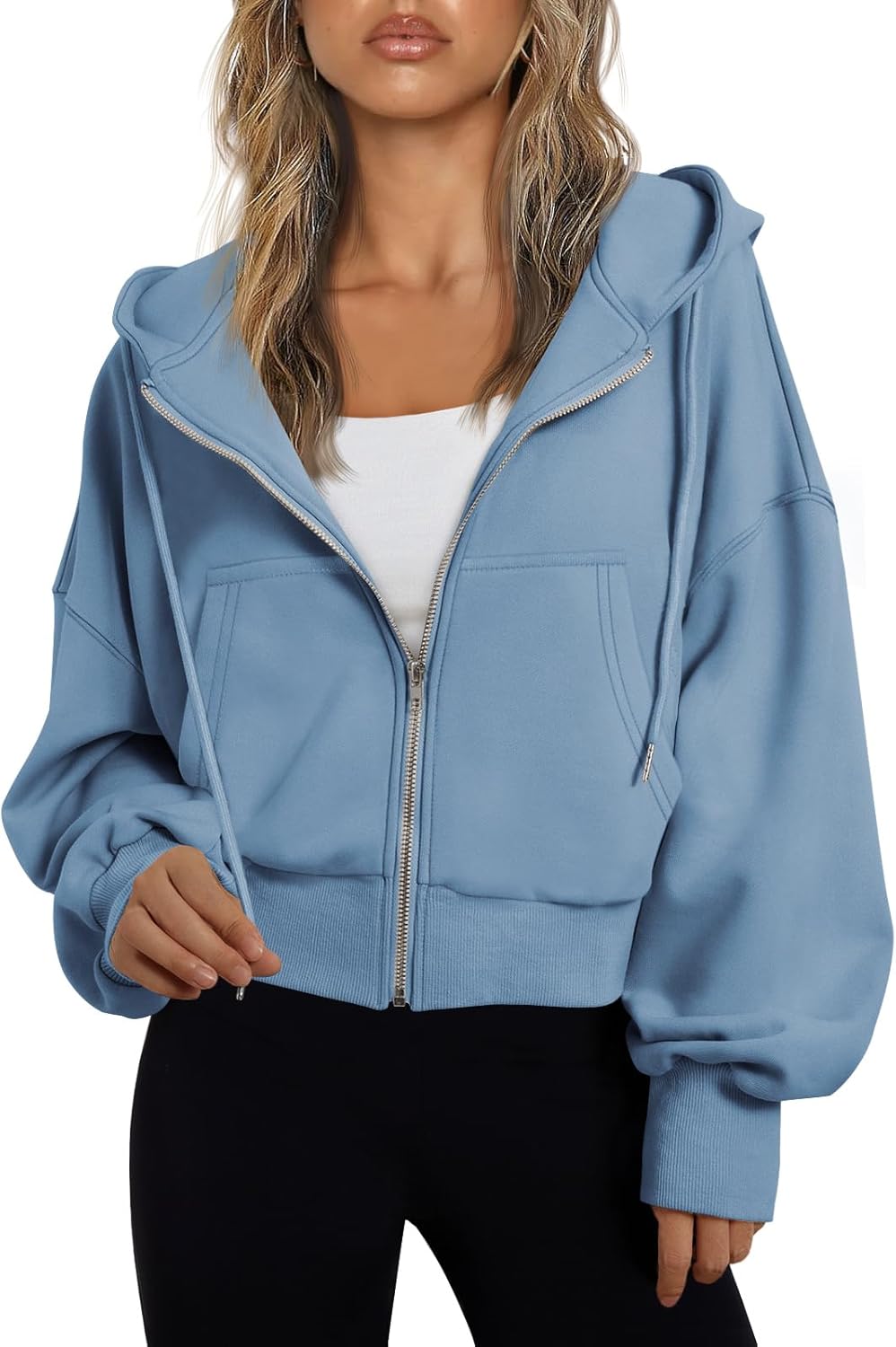 Trendy Queen Sudadera con capucha y cremallera para mujer, ligera, con hombros caídos, chaqueta atlética casual