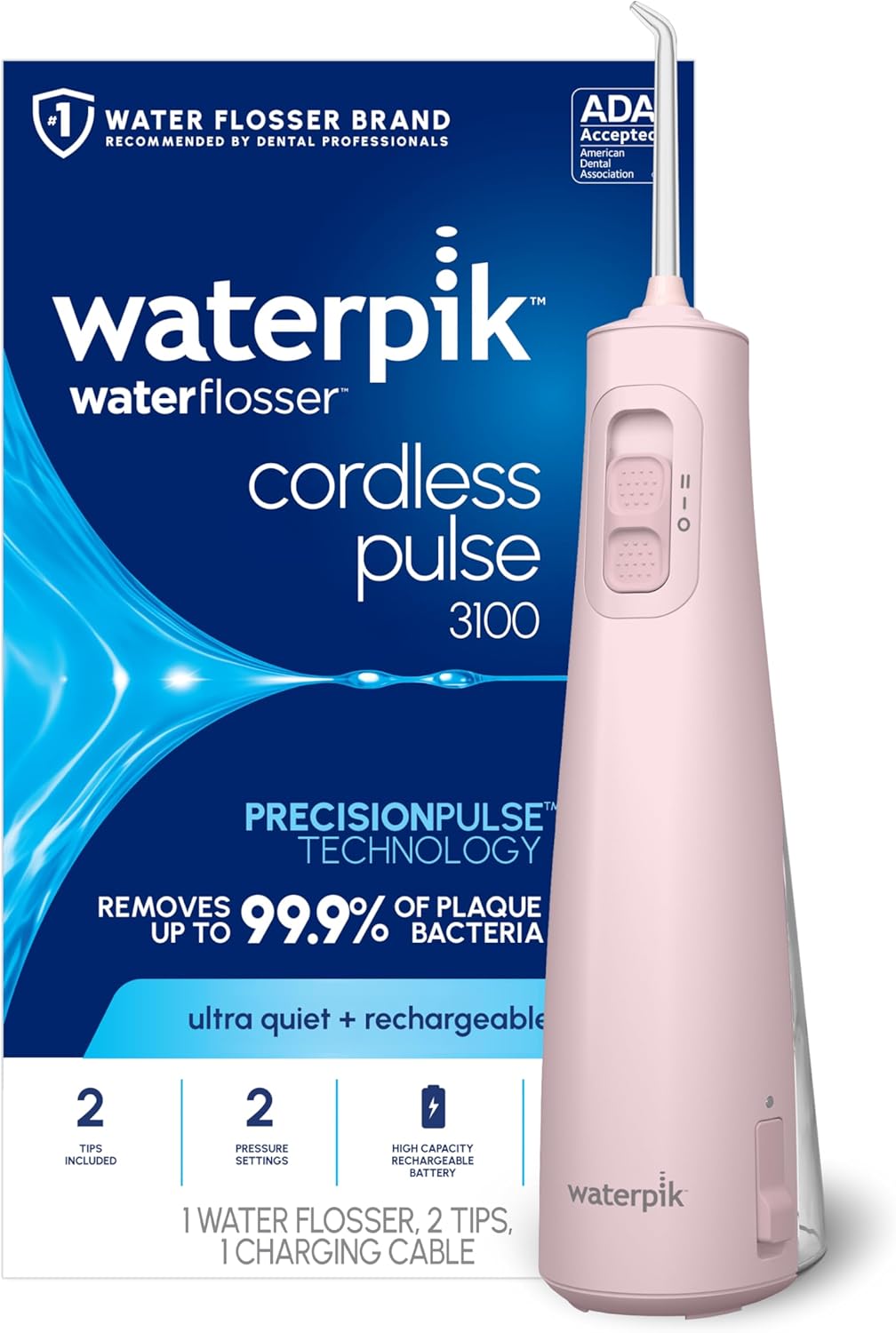 Waterpik Irrigador de agua portátil recargable Pulse 3100 inalámbrico para dientes, encías, cuidado de aparatos ortopédicos y viajes con 2 puntas de hilo dental, impermeable para uso en la ducha, aceptado por ADA, WF-20 blanco, exclusivo de Amazon