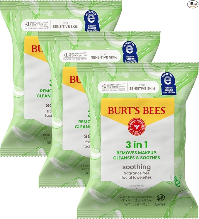 Burt's Bees Soothing Fragrance Free Facial Towelettes with Aloe Vera, 100 Percent Plant Based Cloth Makeup Remover Wipes for Sensitive Skin, 99 Percent Natural Origin Skin Care, 30 ct., Three Pack