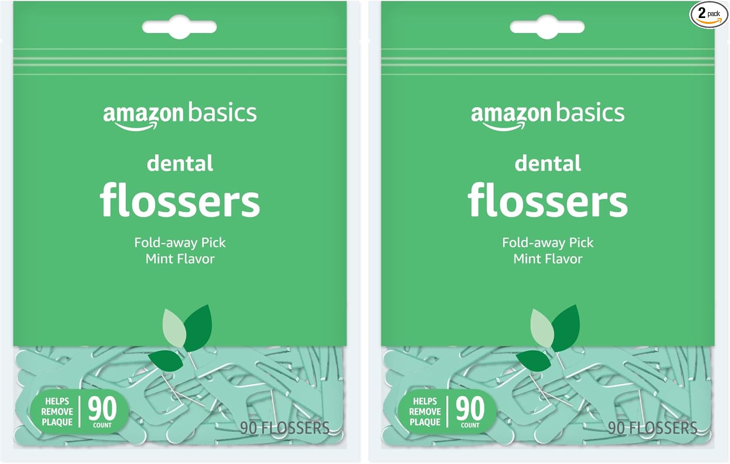 Basics Mint Dental Flossers, Shred Resistant, Slides Easily Between Teeth, with Fold-Away Pick, 90 Count, 1-Pack (Previously Solimo)
