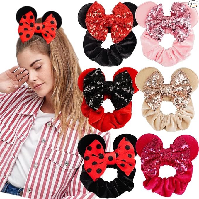 Paquete de 6 Coleteros con Orejas de Ratón, Lazos de Terciopelo con Lentejuelas Brillantes, Bandas Elásticas de Goma para Coletas, Lazos para el Cabello, Decoración para Fiesta de Navidad para Niños