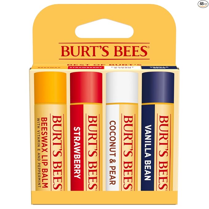 Burt's Bees Lip Balm, Beeswax, Strawberry, Coconut and Pear, and Vanilla Bean Pack, With Responsibly Sourced Beeswax, Tint-Free, Natural Lip Treatment, 0.15 oz., Four Tubes
