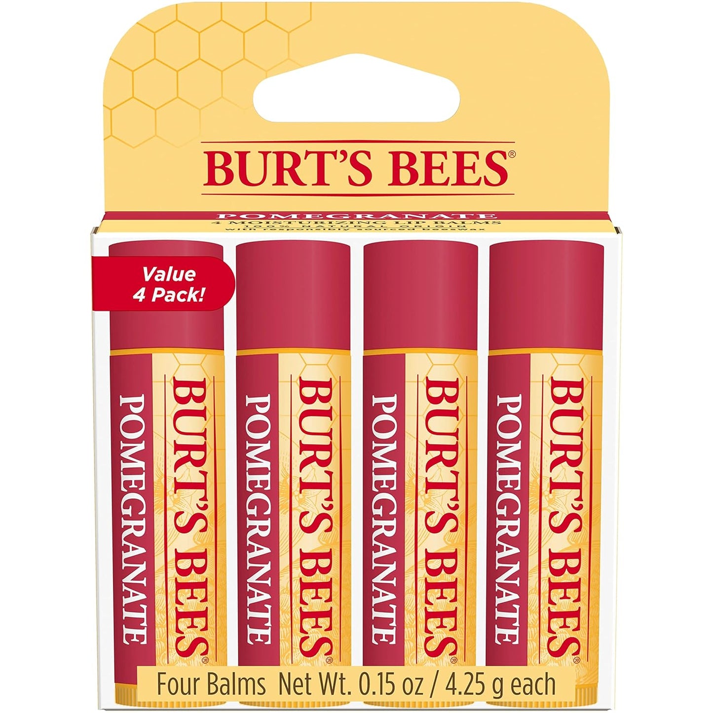 Burt's Bees - Bálsamo labial, protector labial hidratante, para hidratación durante todo el día, 100 % natural, granada con cera de abeja y extractos de frutas (paquete de 4)