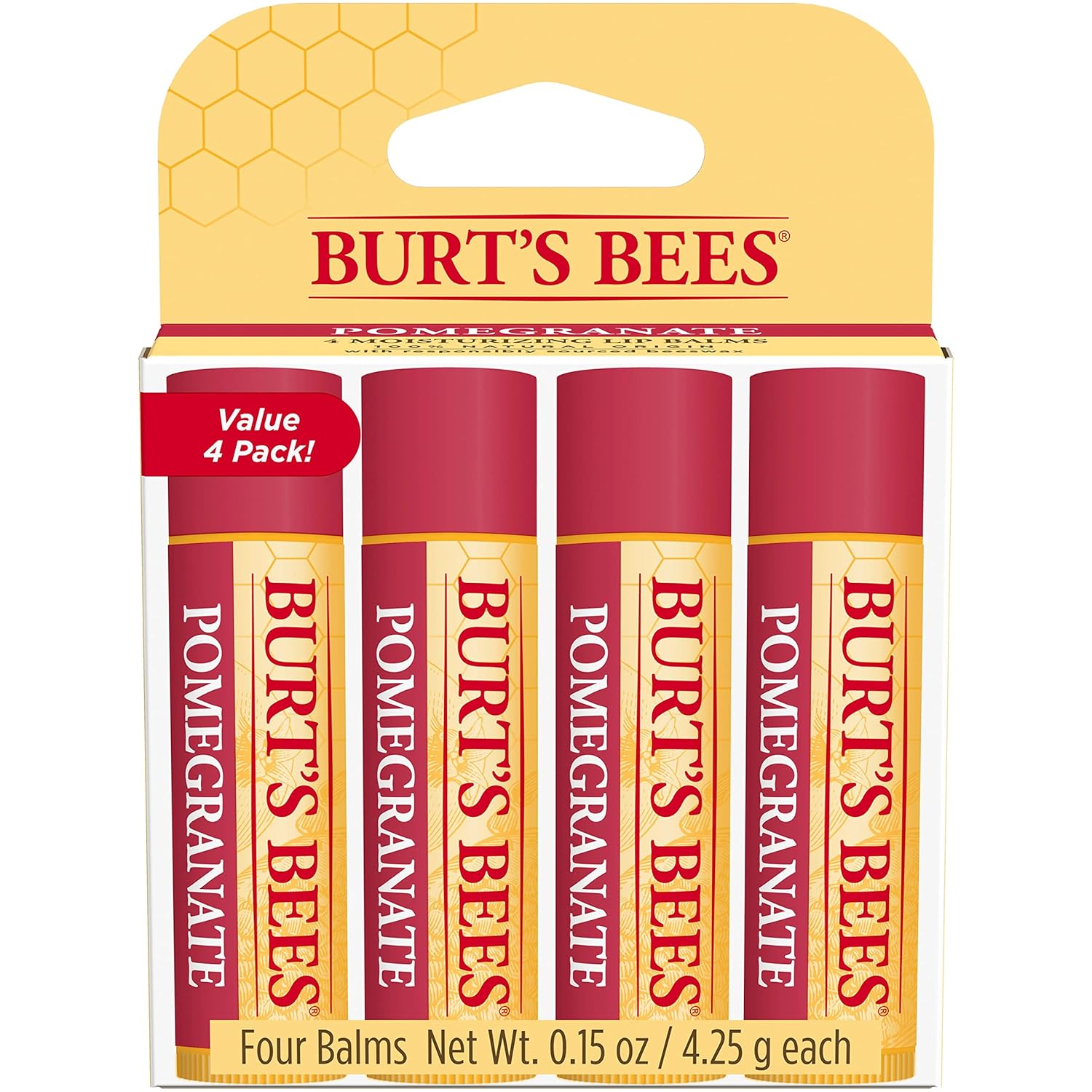 Burt's Bees - Bálsamo labial, protector labial hidratante, para hidratación durante todo el día, 100 % natural, granada con cera de abeja y extractos de frutas (paquete de 4)