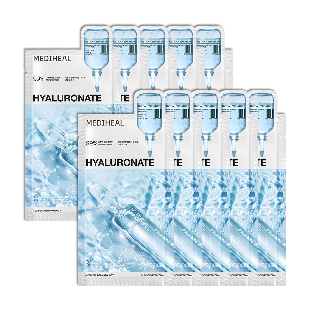 Mediheal Máscara de hoja esencial Madecassoside Reparación de imperfecciones 10 piezas. 98% pureza Madecassoside y ácido hialurónico incluidos. Mejora de la barrera de humedad y cuidado de la textura