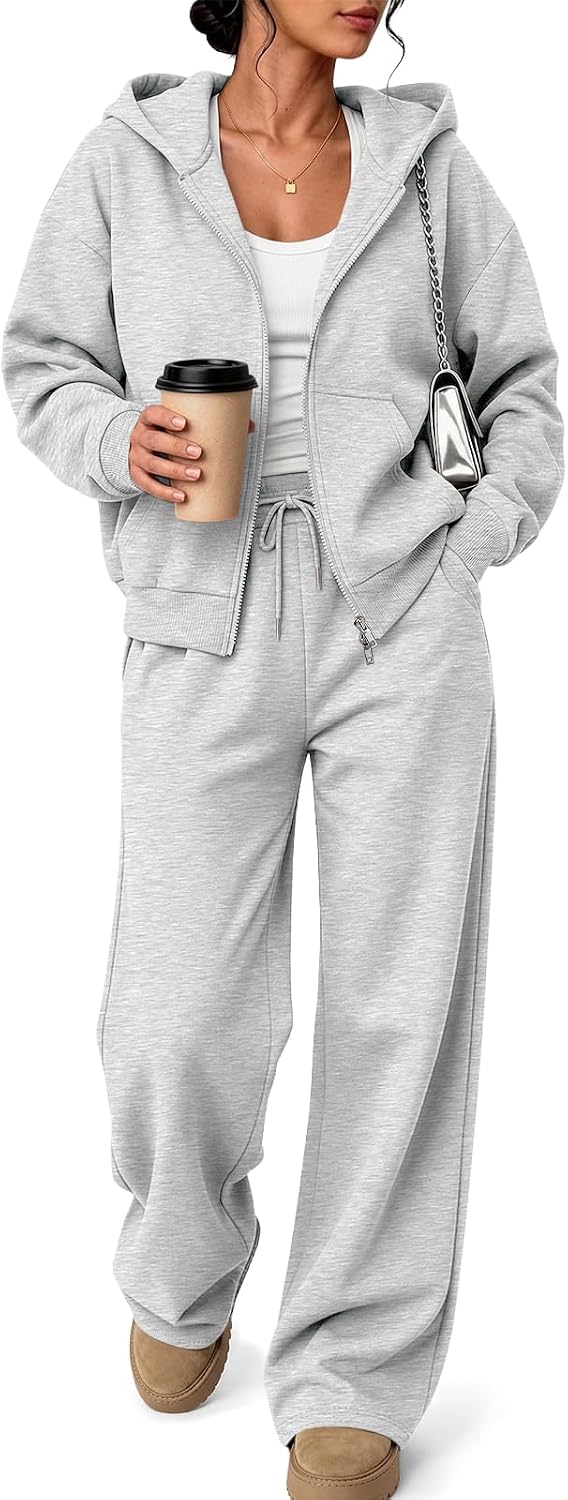Trendy Queen Womens 2 Piece Cropped Sweat Sets Lounge Fall Sweatsuits | Zip Up, Oversized Hoodie, Wide Leg Sweatpants, Airport Travel Matching Outfits, 2026 Comfrt Winter Track Suits