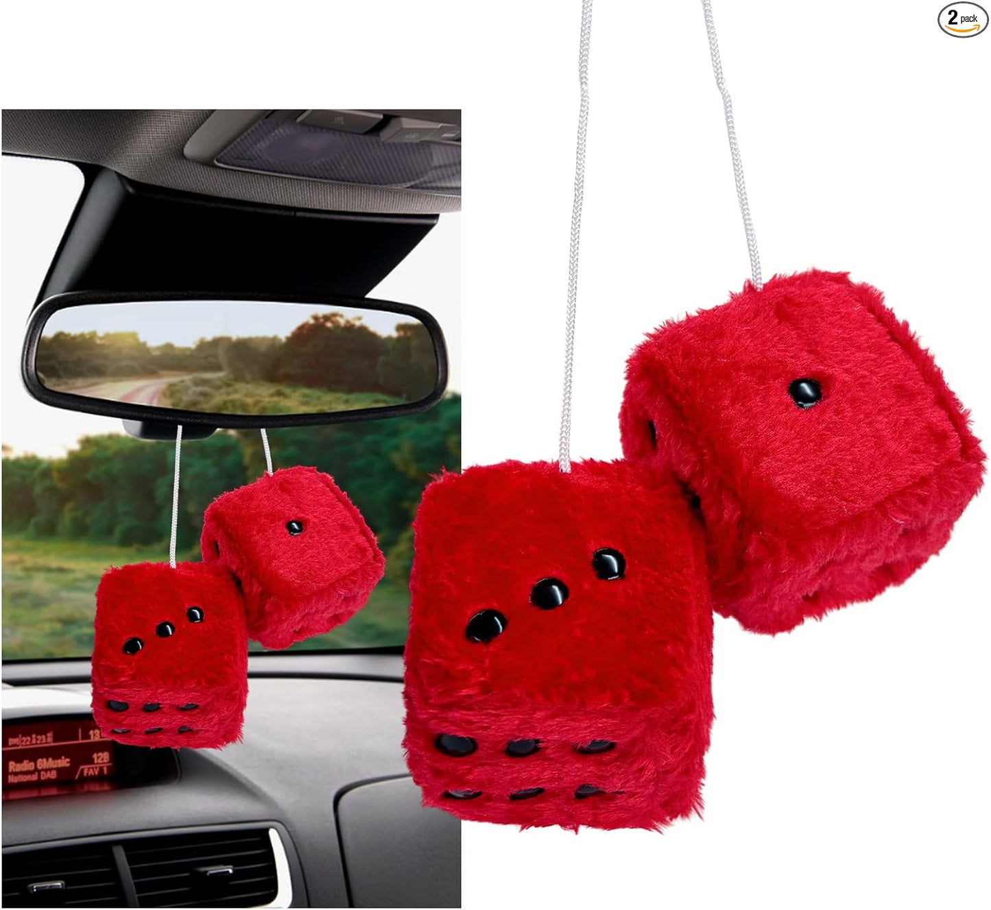 2 dados de felpa mullidos con puntos, decoración cuadrada retro de 3 pulgadas, lindo colgante de espejo retrovisor, dados de felpa suave, adorno clásico para colgar en interiores de automóvil