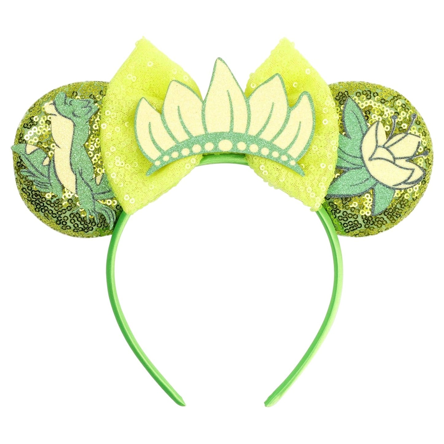 bianbaistar Diadema de orejas de ratón con lentejuelas verdes encantadas con corona de hojas, accesorio inspirado en princesas para parques temáticos y celebraciones reales