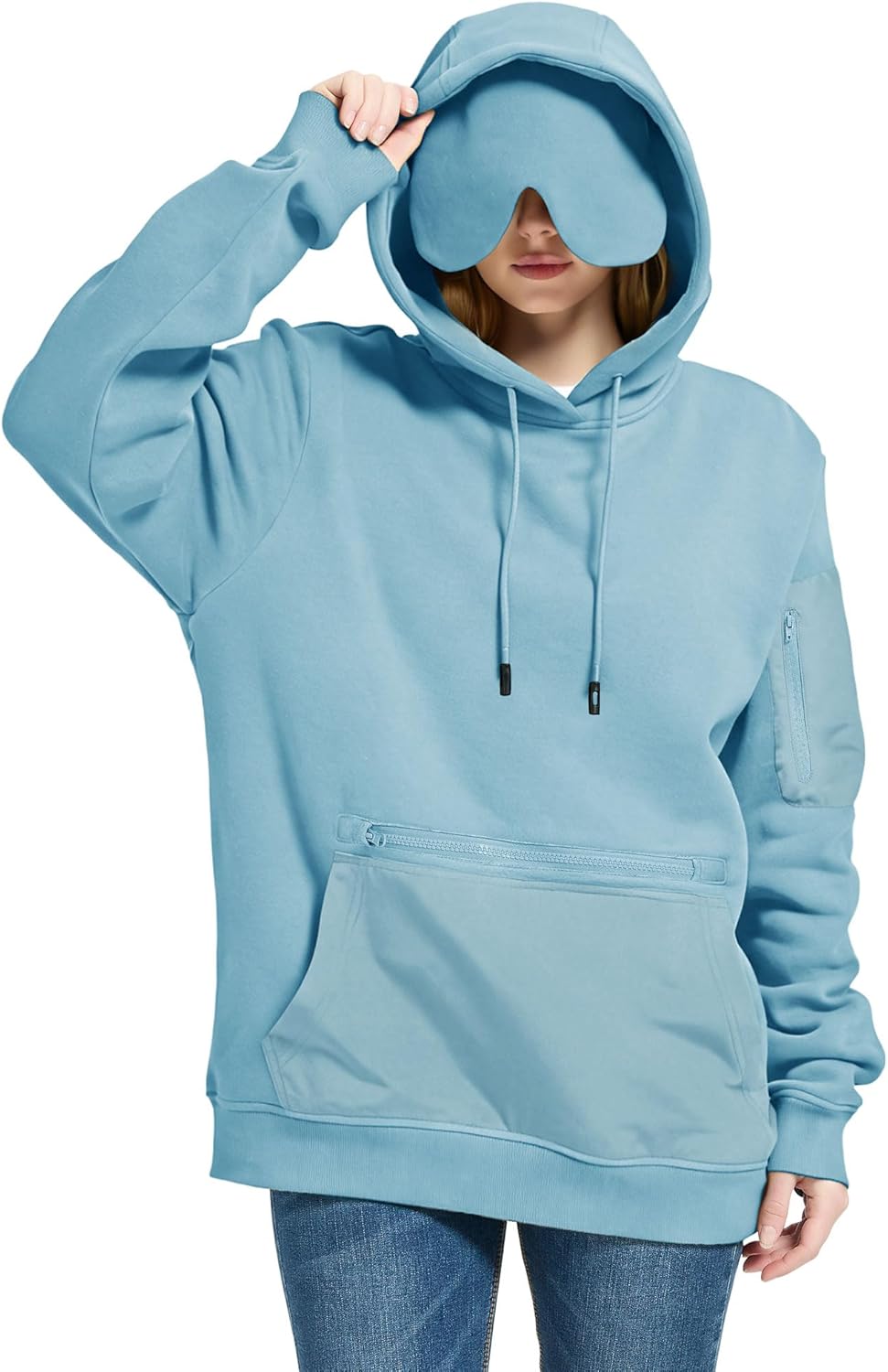 Sudadera con capucha de viaje con máscara de ojos integrada para viajes en avión, transpirable, cómoda, sin botones, múltiples bolsillos