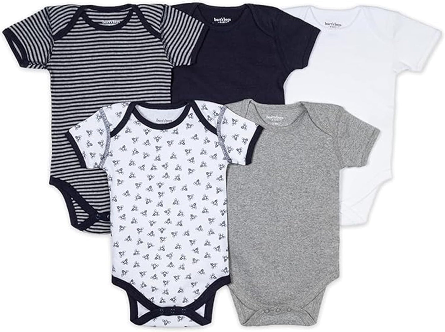 Burt's Bees Baby Body unisex, ropa de dormir orgánica de manga corta, paquete de 5 | Essential baby bodysuit pack featuring an easy-on and off lap-shoulder neck design for stress-free daily outfitting