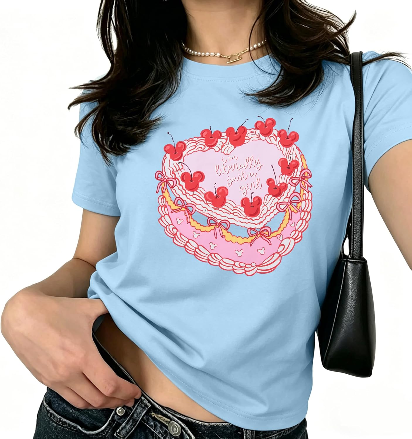 Camiseta con Lazo de Cerezas Rosa para Mujer: Blusas Coquette, Camisetas Estéticas de Chica Limpia, Camisetas Casuales de Verano de Manga Corta