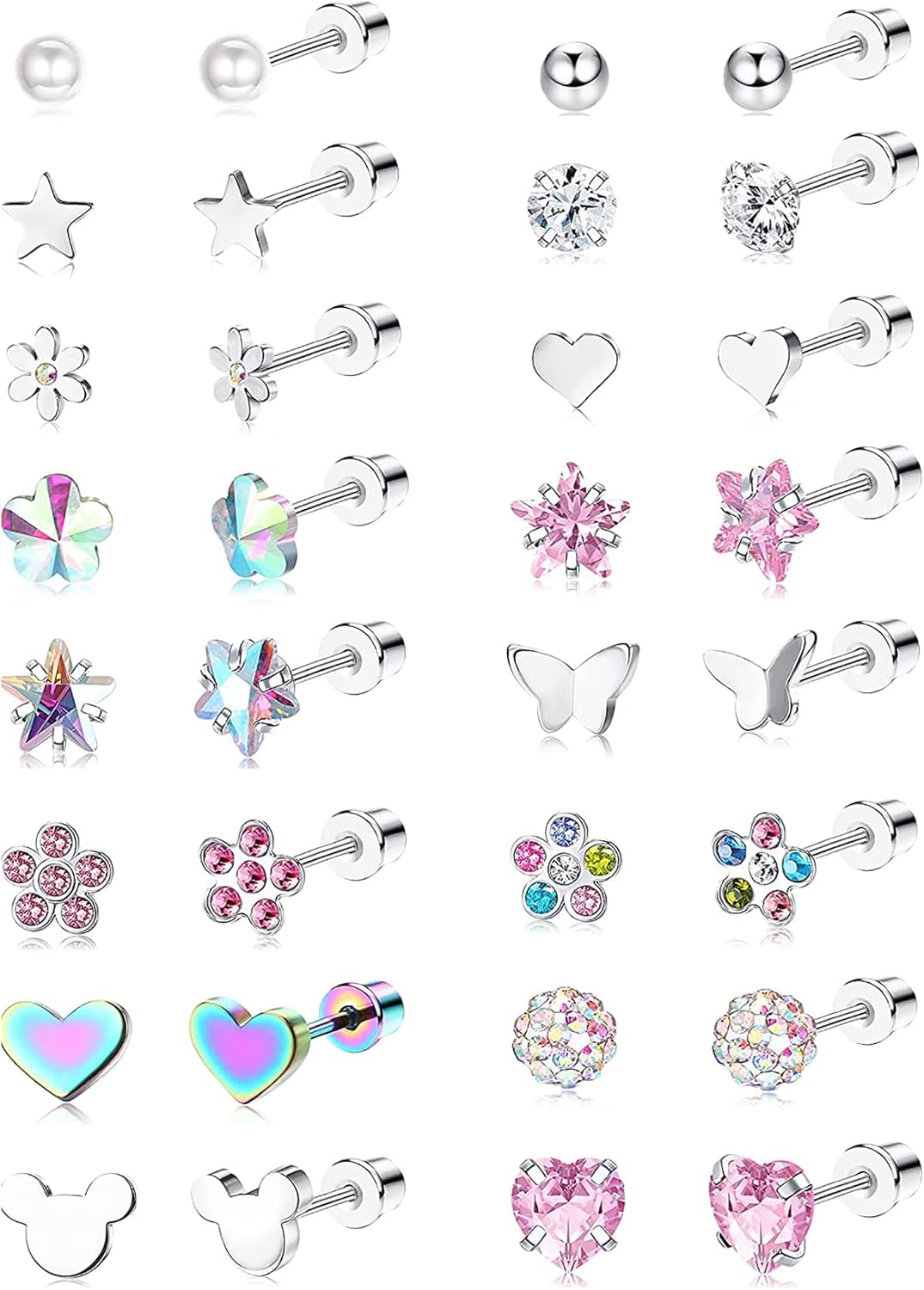 Diamday 16 Pairs Screw Back Earrings for Girls Women Stainless Steel Small Cartilage Earrings CZ Heart Flower Star Screw Back Earrings Tragus Helix Jewelry Multicolor