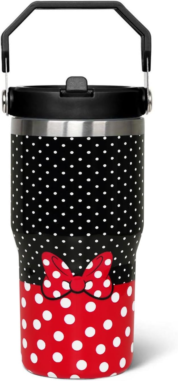 Taza de dibujos animados de ratón de 20 oz con tapa y popote abatible de acero inoxidable aislado con asa superior en la parte superior, color negro, taza de café para viajes - Regalo de