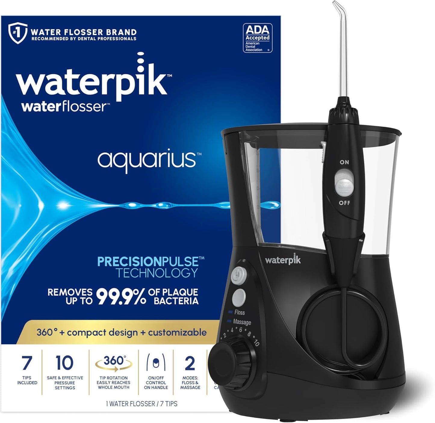 Waterpik Aquarius - Hilo dental de agua para limpieza de dientes, encías, brackets, cuidado dental, energía eléctrica con 10 configuraciones, 7 puntas para múltiples usuarios y necesidades, aceptado