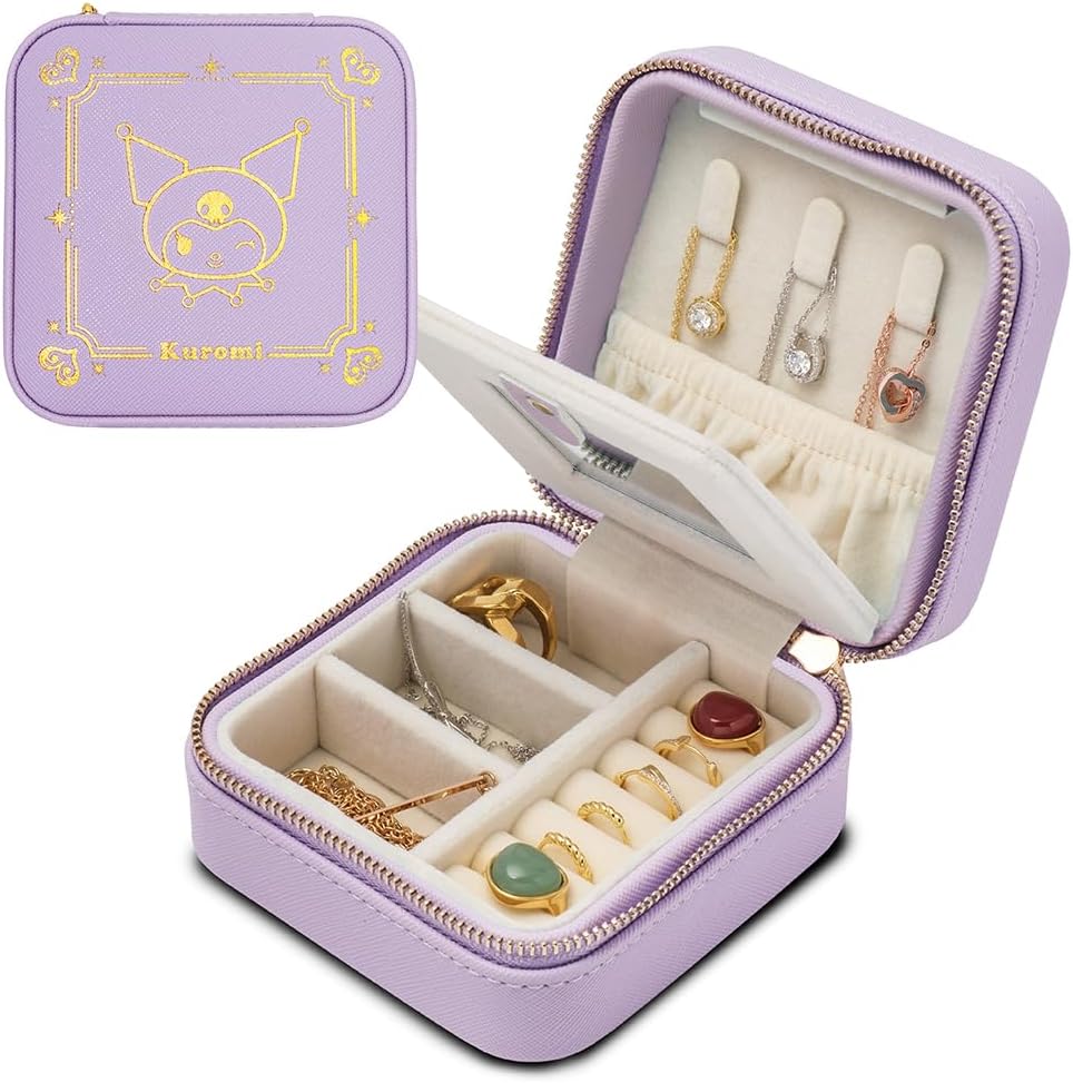 L'a Poume Sanrio Jewelry Case, Accessory Case, Ring Case, Medium Size, Compact with Mirror, Portable, Travel, Business Trip (Hello Kitty (Off-White)
