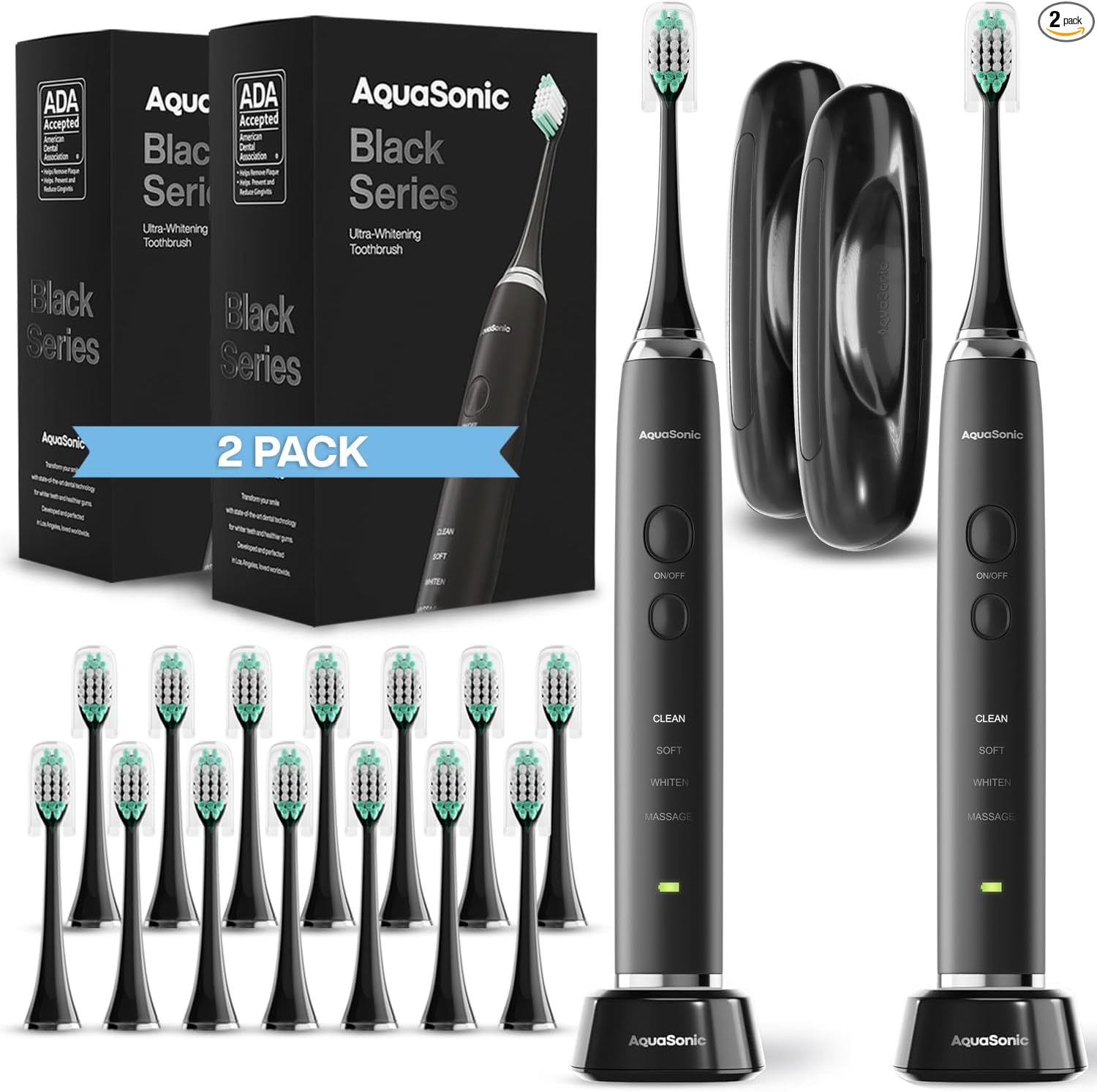 Cepillo de dientes AquaSonic Black Series, ultrablanqueador, 8 cabezales de cepillo DuPont y funda de viaje incluidos, motor ultrasónico de 40.000 VPM y carga inalámbrica, 4 modos con temporizador inteligente, cepillo de dientes eléctrico moderno