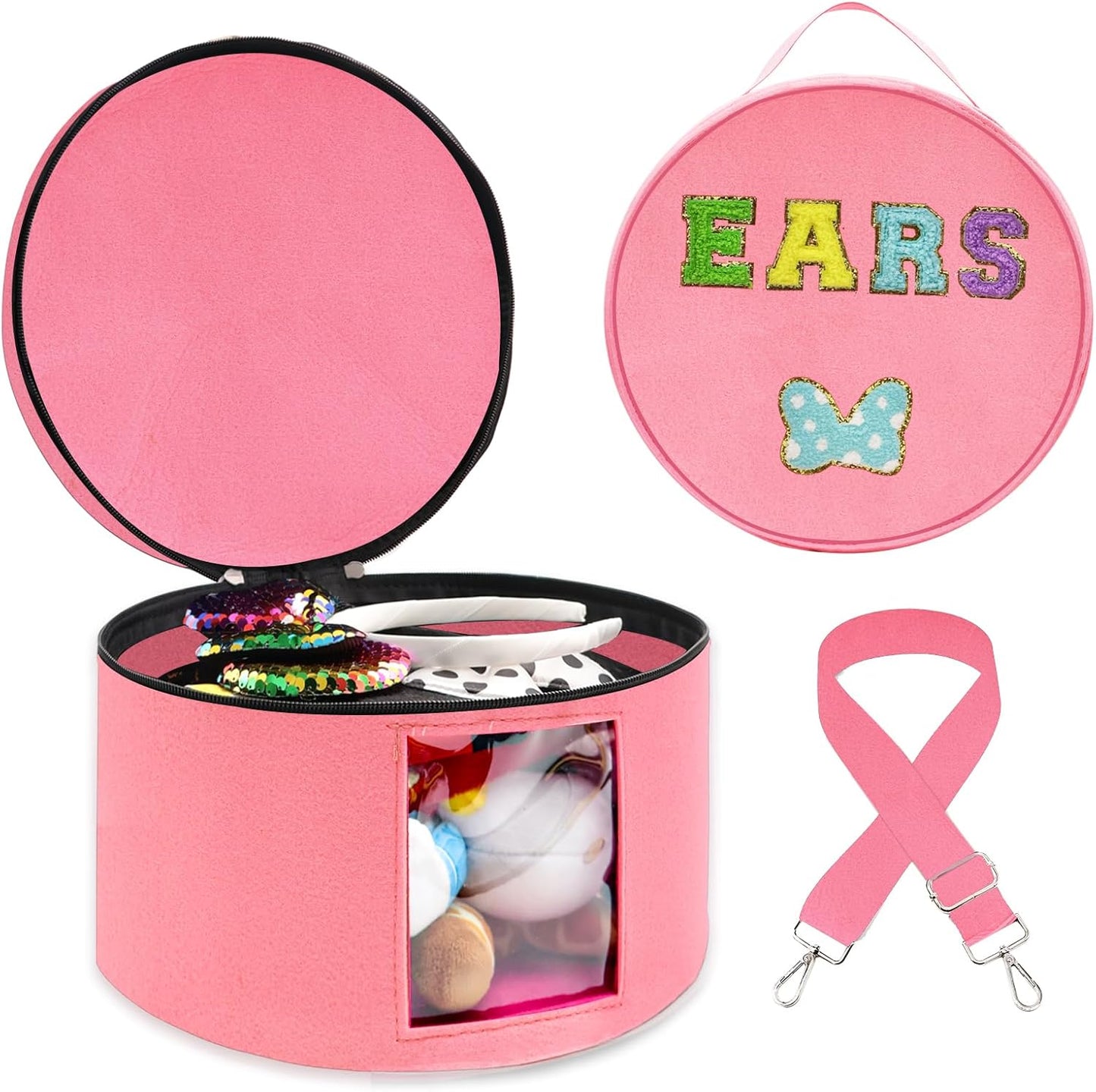 Caja de viaje con forma de orejas de ratón con moño de letras de chenilla, caja de almacenamiento con tiara redonda grande, caja de almacenamiento con exhibición de diadema y orejas para cintas para