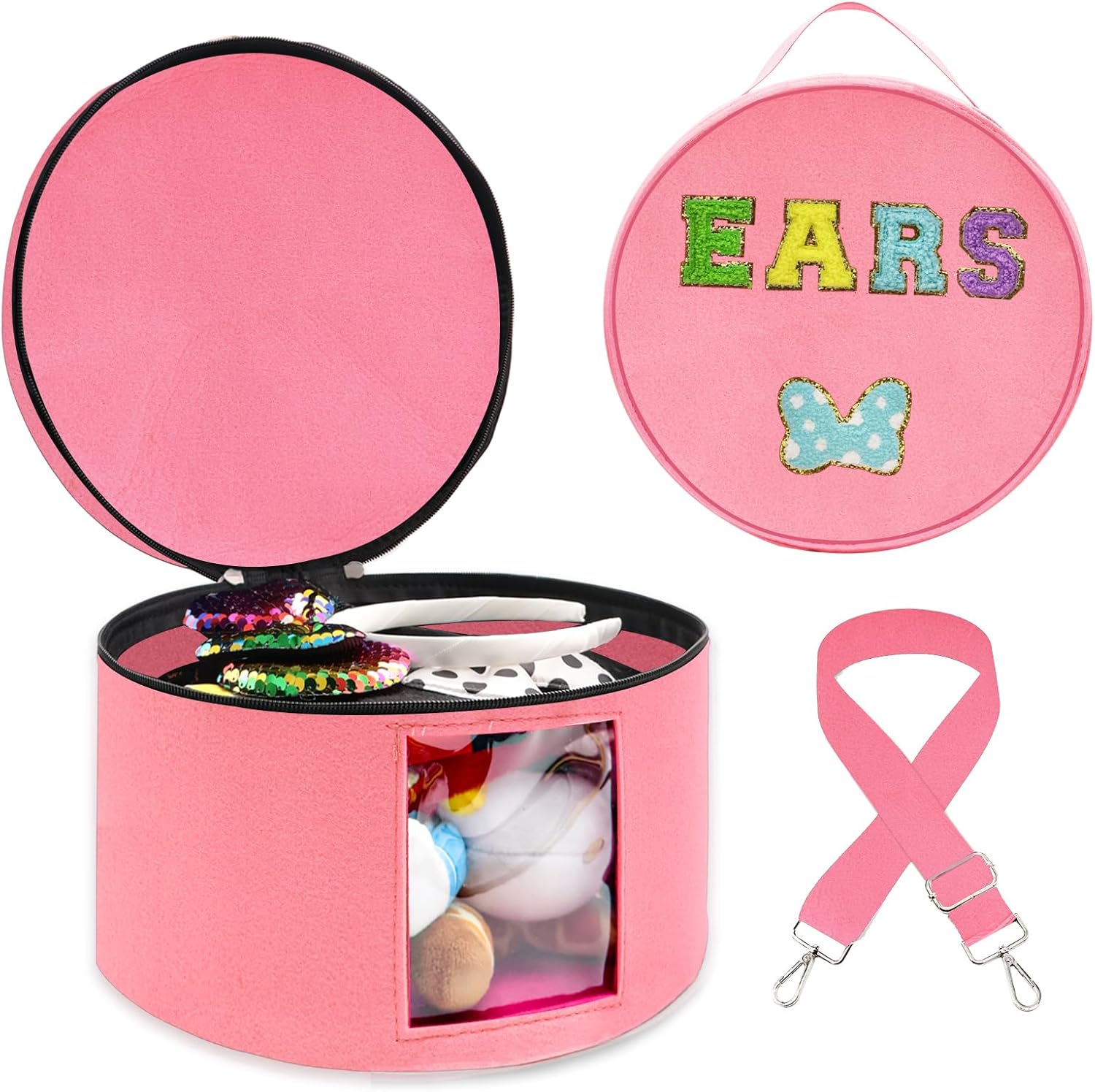 Caja de viaje con forma de orejas de ratón con moño de letras de chenilla, caja de almacenamiento con tiara redonda grande, caja de almacenamiento con exhibición de diadema y orejas para cintas para