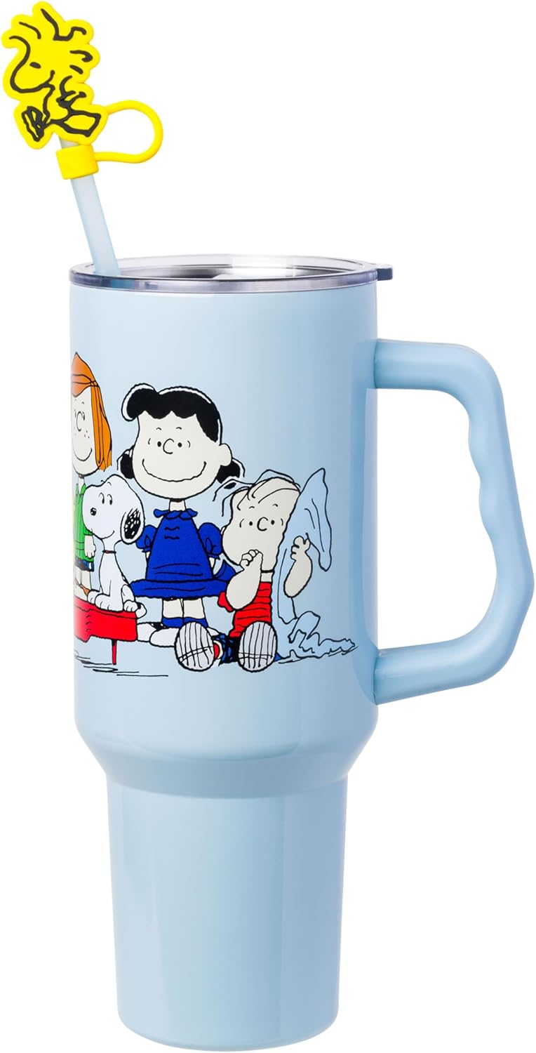 Silver Buffalo Disney Lilo and Stitch - Vaso de acero inoxidable de doble pared con asa y pajilla, diseño vintage, palmeras y flores, se adapta al portavasos estándar, 40 onzas