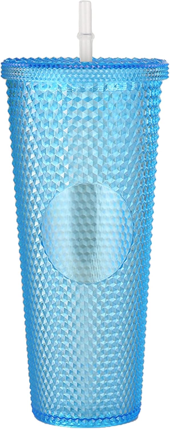 Vaso con Tachuelas con Pajita, Vasos con Tapas y Pajitas, Vaso Rosa con Pajita, Vaso Texturizado Sin BPA de Plástico de Doble Pared para Café Helado, Bebidas Frías o Agua 24 oz