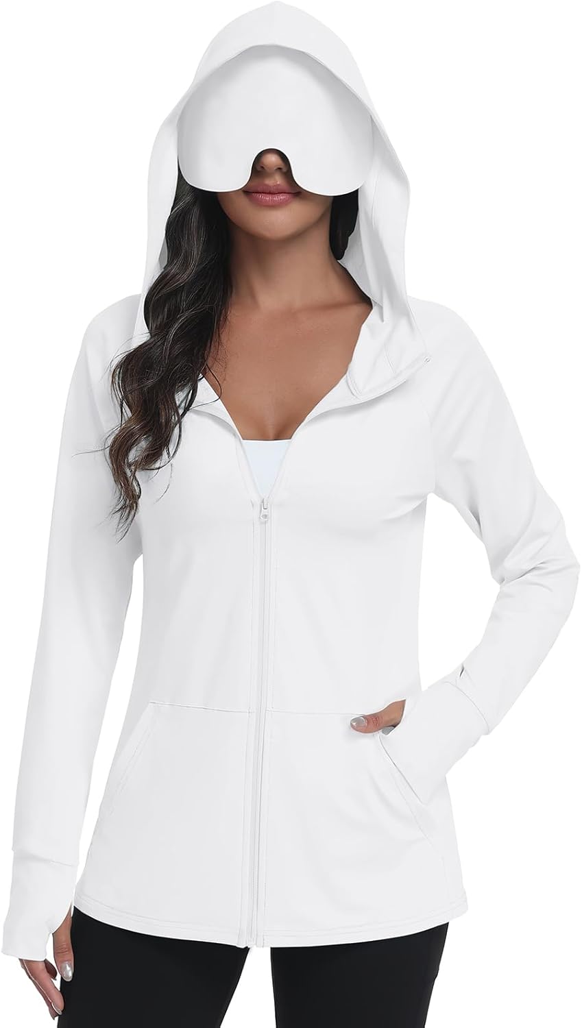 SeSe Code Sudadera con capucha UPF 50+ con máscara de ojos para mujer, chaquetas de viaje con cremallera para dormir, protección solar, bolsillos para siesta al aire libre