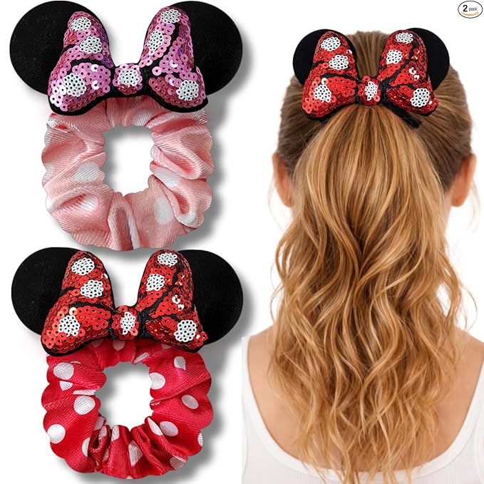 Styla Hair Paquete de 2 coleteros de ratón para niños, de terciopelo, con lentejuelas brillantes, para cola de caballo (rojo y negro)
