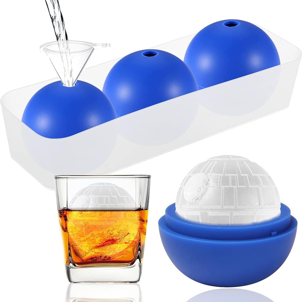 Star Wars - Molde para cubitos de hielo de estrella de la muerte, molde redondo para cubitos de hielo para whisky, bourbon, cócteles (2 paquetes+abridor de botellas de halcón milenario+posavasos +