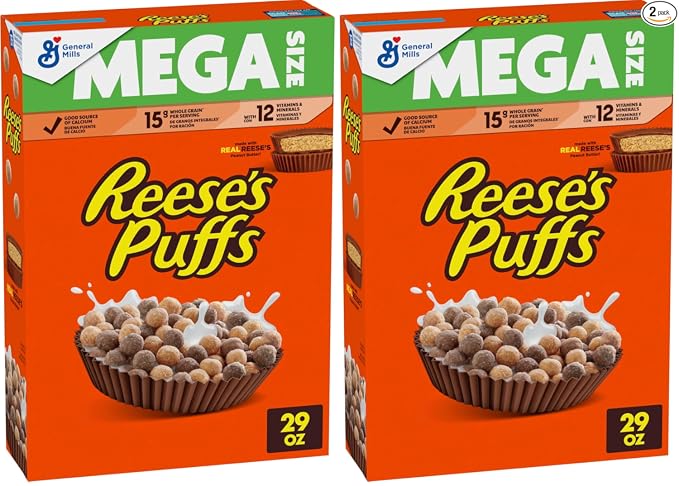 REESE’S PUFFS Chocolatey Peanut Butter Cereal, Kid Breakfast Cereal, Giant Size, 29 oz