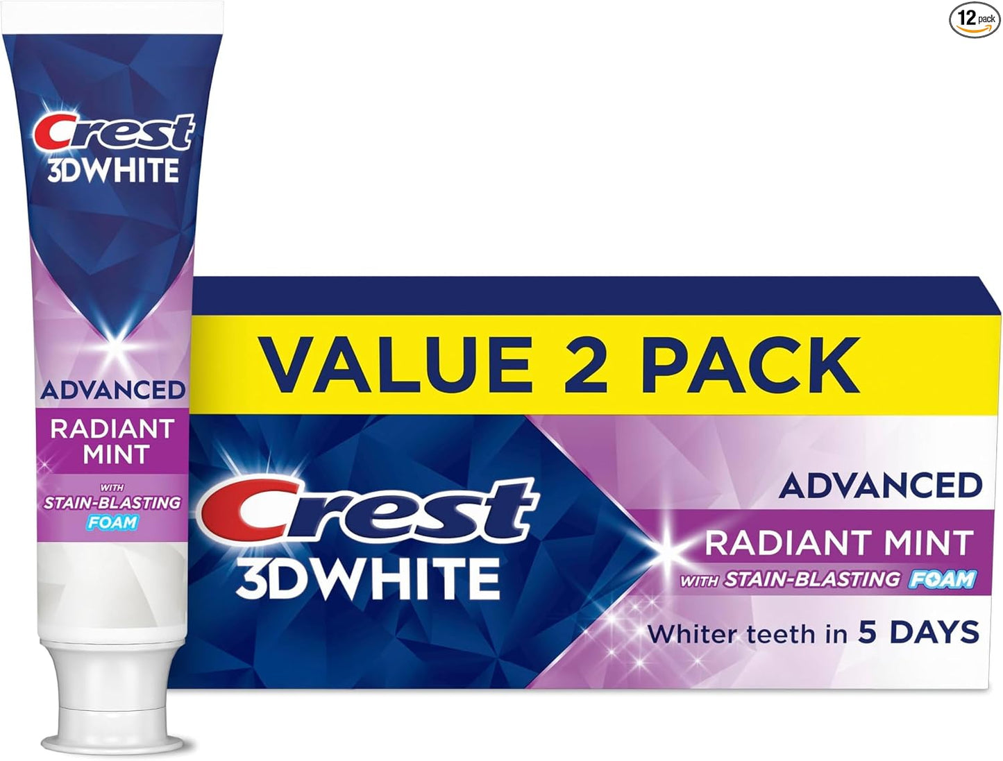 Crest 3D White Advanced - Pasta dental blanqueadora de dientes, menta radiante, 3.3 onzas, paquete de 2