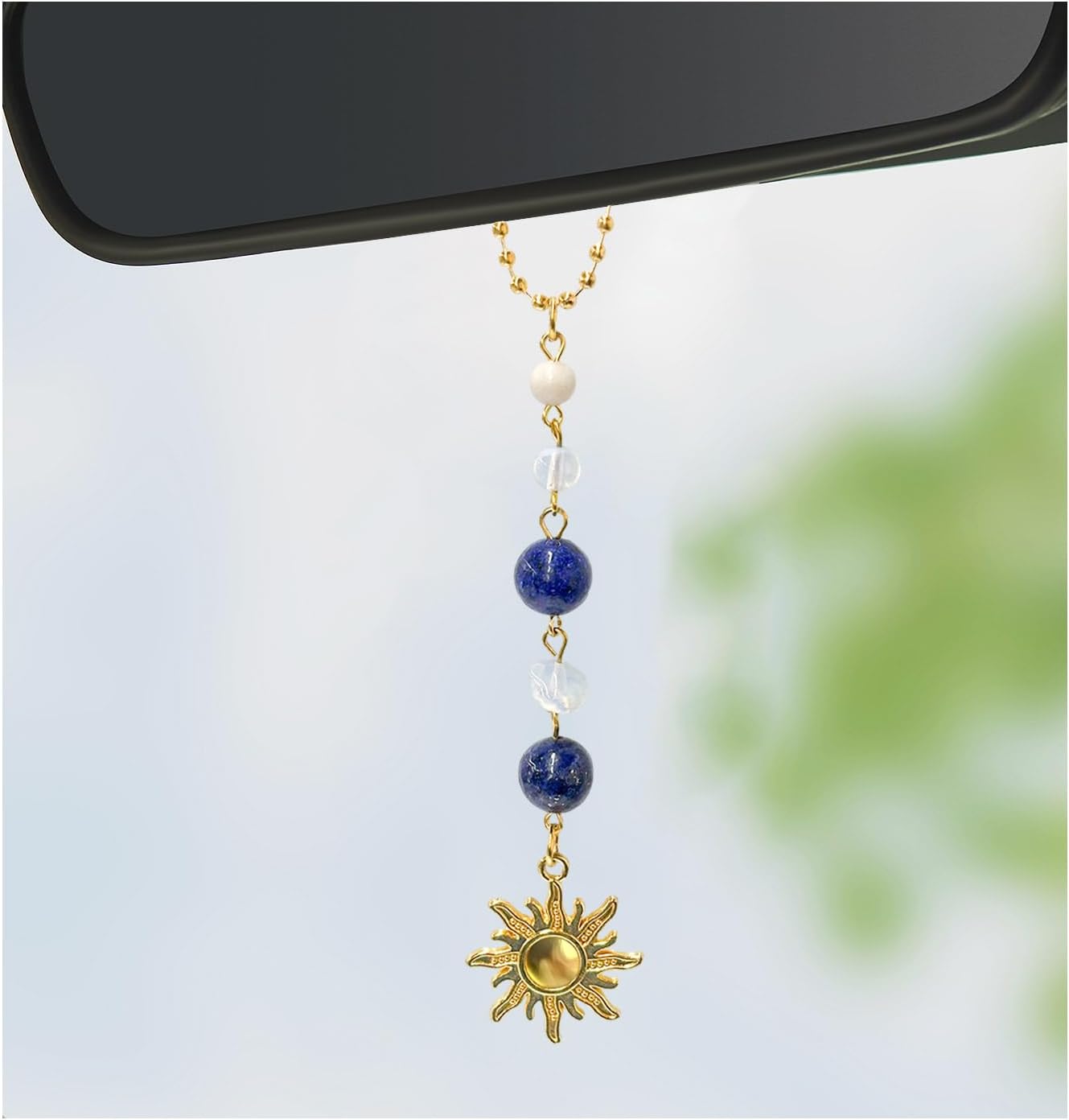 Sun Hanging Car Charm, Cute Boho Dangling Auto Rear View Mirror Pendant Sun Decor, Handmade Vehicle Mirror Hanging Ornament with Healing Crystals Stones for Women Men (Green)