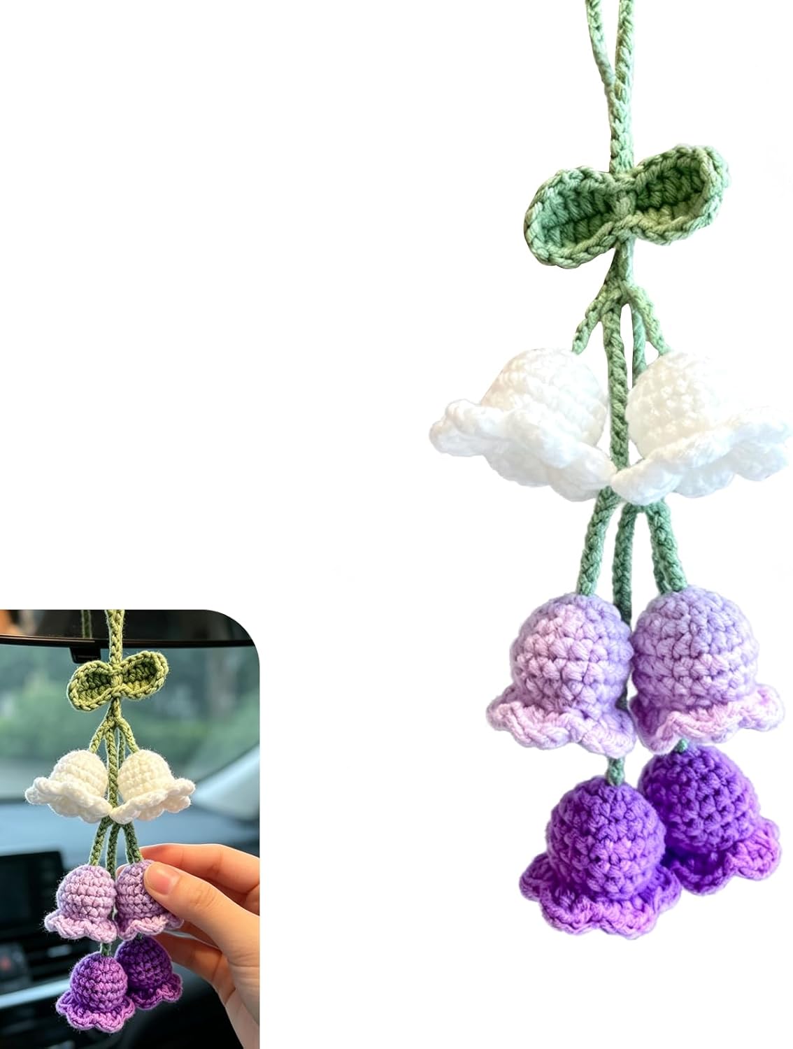 Car Mirror Lily Flower Hanging Ornament, Handmade Knitted Sweet Flower Design Rear View Mirror Pendant, Gradient Auto Interior Rearview Decor, Universal for Most Cars, SUVs, Trucks (Blue)