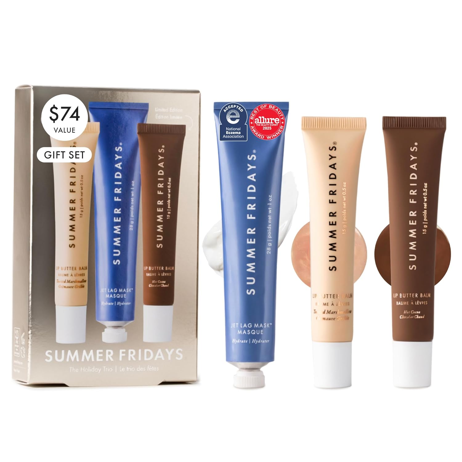 Summer Fridays Hydration Trio - Máscara de jet lag tamaño viaje + bálsamo labial de tamaño completo en chocolate caliente + malvavisco tostado, juego de cuidado de la piel para tez hidratada + labios