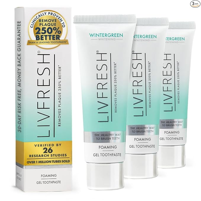 LivFresh Gel de pasta de dientes, clínicamente probado para eliminar la placa un 250% mejor, mejora la salud de las encías un 190% mejor, previene y reduce el sarro, refresca el aliento, gel dental