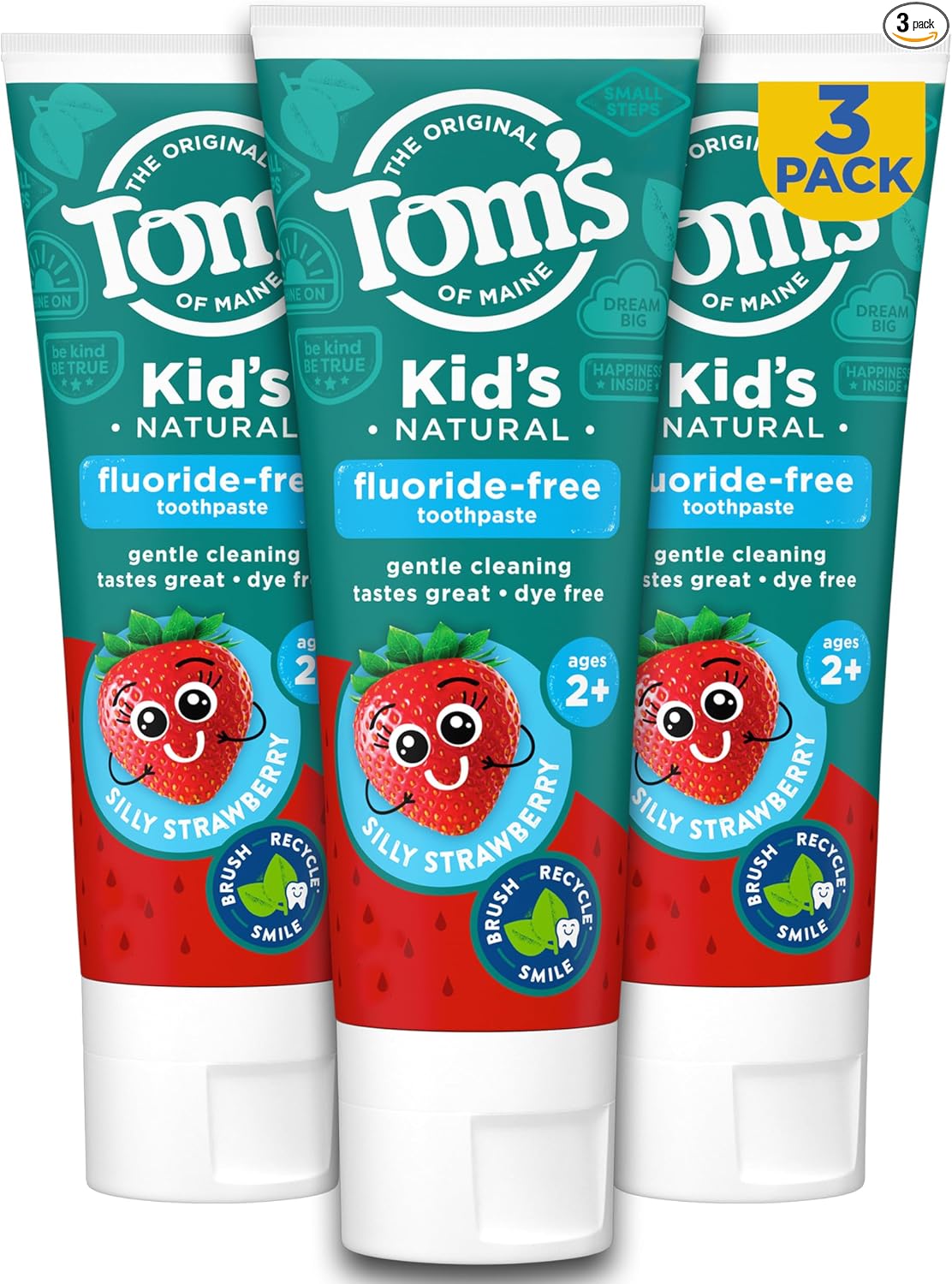 Tom's of Maine Pasta dental con flúor aprobada por la ADA, pasta de dientes natural, sin tintes, sin conservantes artificiales, fresa tonta, 5.1 onzas, paquete de 3 (el embalaje puede variar)