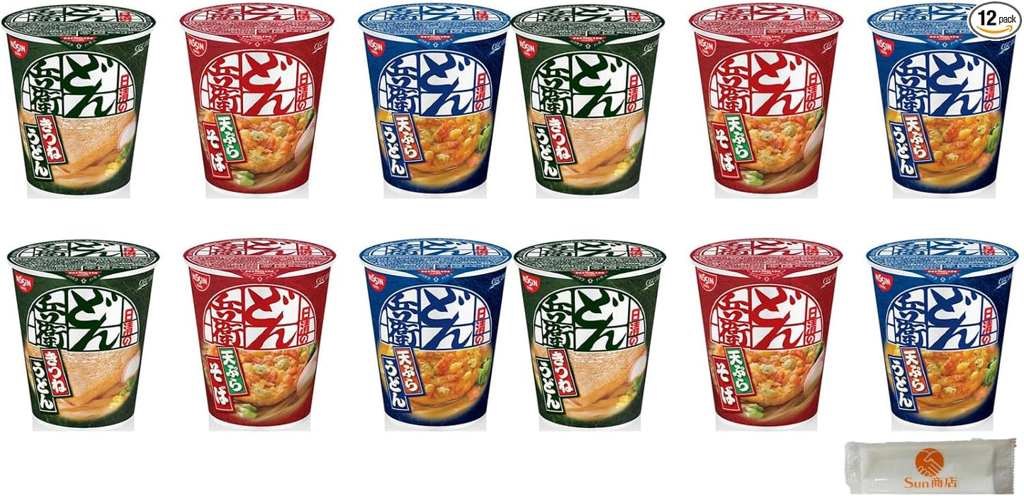 Popular Cup Ramen 12 Varieties Nissin Donbei Cup Noodles Meisei Ippeichan 12-Piece Assortment Set with Wipes Included