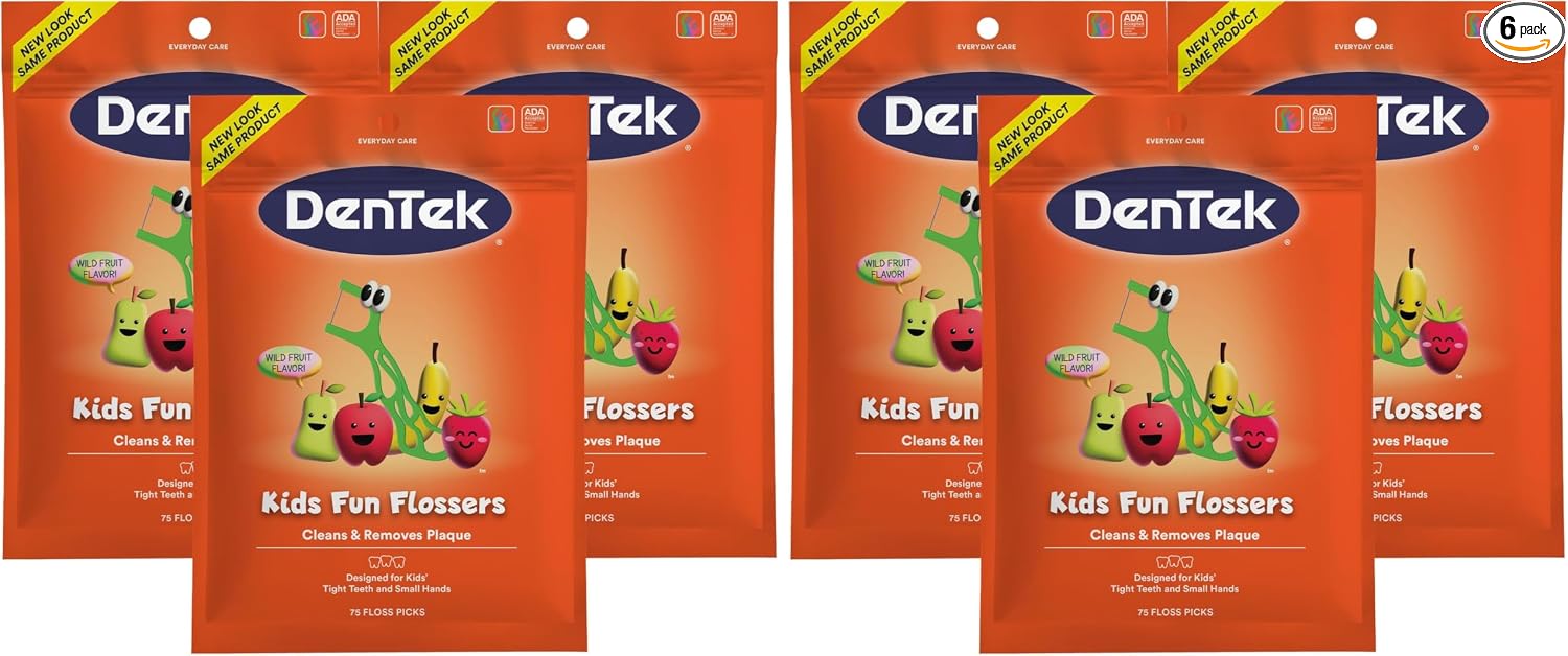 DenTek Fun Flossers - Palillos de hilo dental para niños con sabor a fruta silvestre, 90 unidades