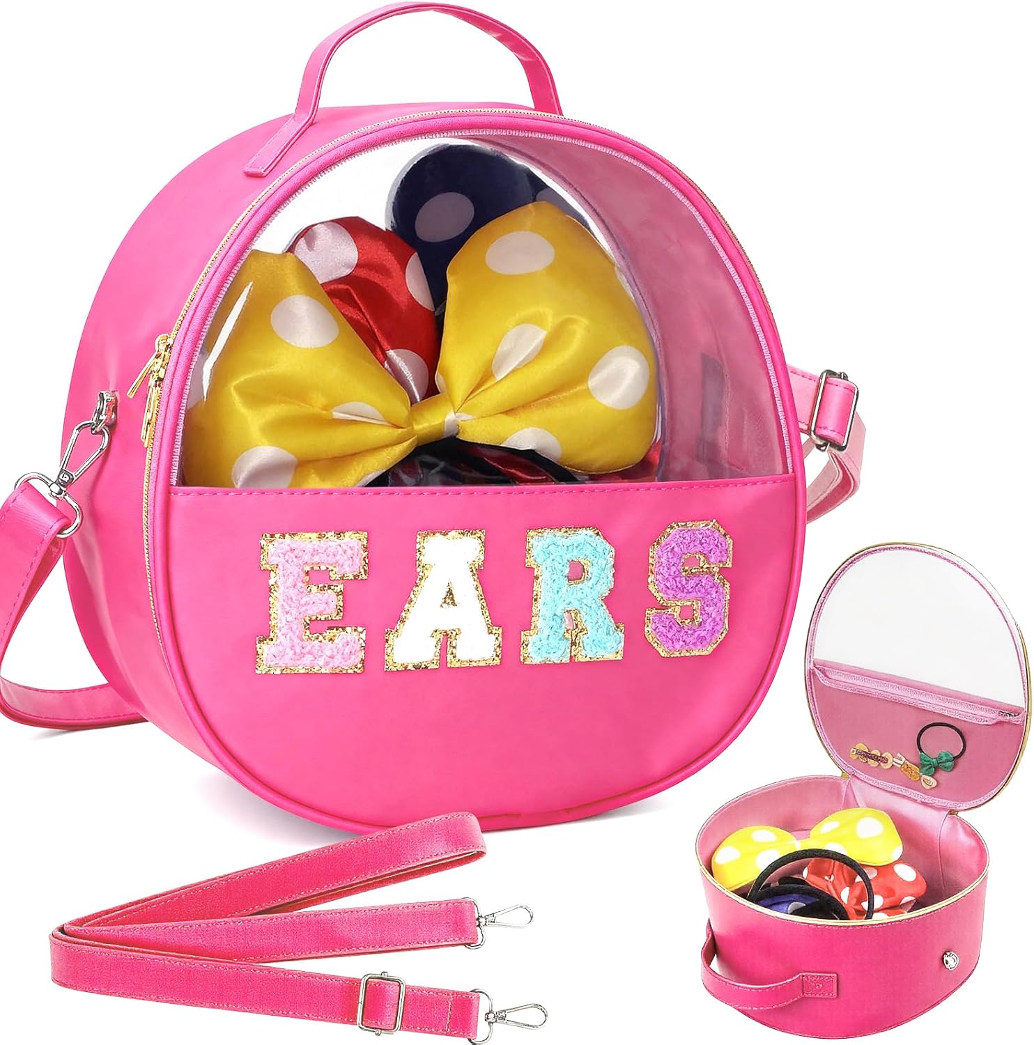 Estuche de Viaje Translúcido con Orejas de Ratón, Diadema de Letras de Chenilla Soporte para Orejas Organizador de Almacenamiento Impermeable de Accesorios para el Cabello para Mujeres