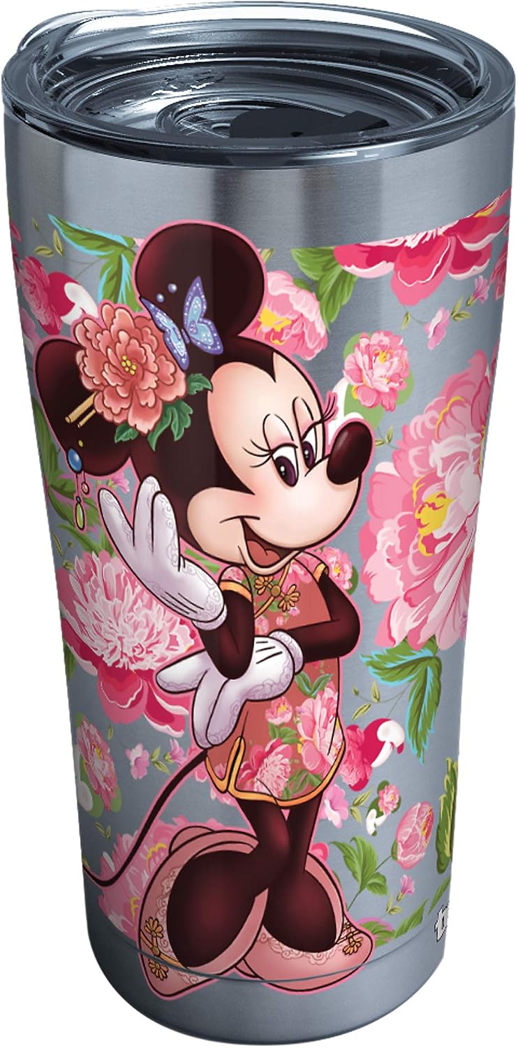 Tervis Traveler - Vaso aislado de triple pared de Disney Minnie Mouse Neo chino floral y vaso de viaje mantiene las bebidas frías y calientes, 20 onzas, acero inoxidable