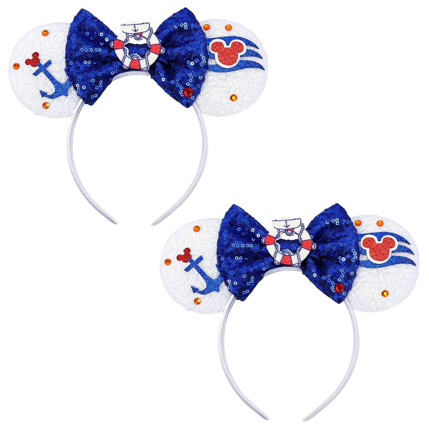 ETLUK 2 diademas de orejas de ratón de crucero, orejas de lentejuelas brillantes con ancla y lazo para mujeres y niñas, accesorios brillantes para el cabello de fiesta para parque temático y cosplay