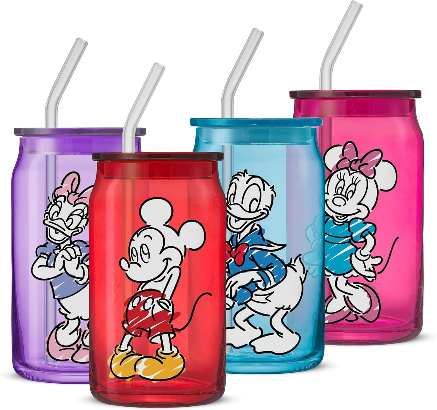 JoyJolt Tazas de vidrio con íconos de princesas Disney con tapas y popotes, tazas de vidrio de 16 oz con tapas y popotes con las princesas Jasmine, Ariel, Cenicienta y Bella, 4 piezas de vasos con