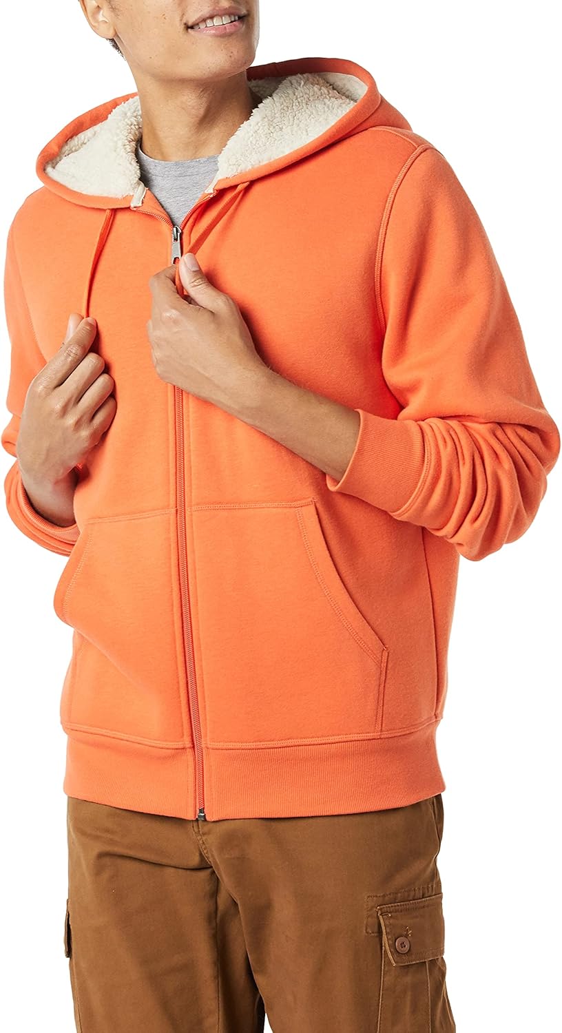 Essentials Sudadera con capucha para hombre, forro de sherpa y cierre completo de cremallera de felpa