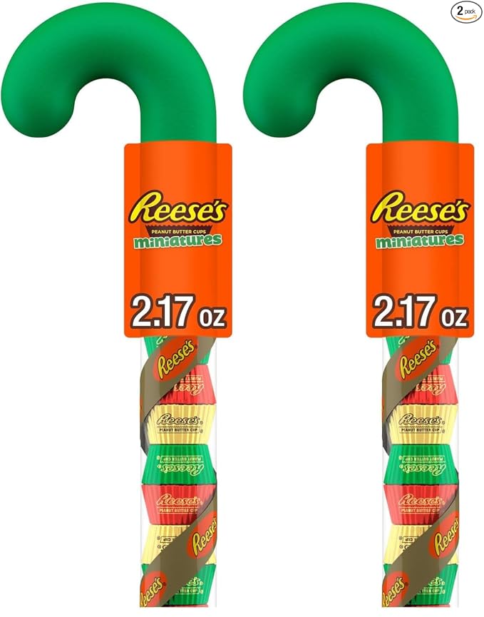 REESE'S Miniatures - Tazas de chocolate con leche y mantequilla de maní, bastón de plástico de caramelo de Navidad, 2.17 onzas