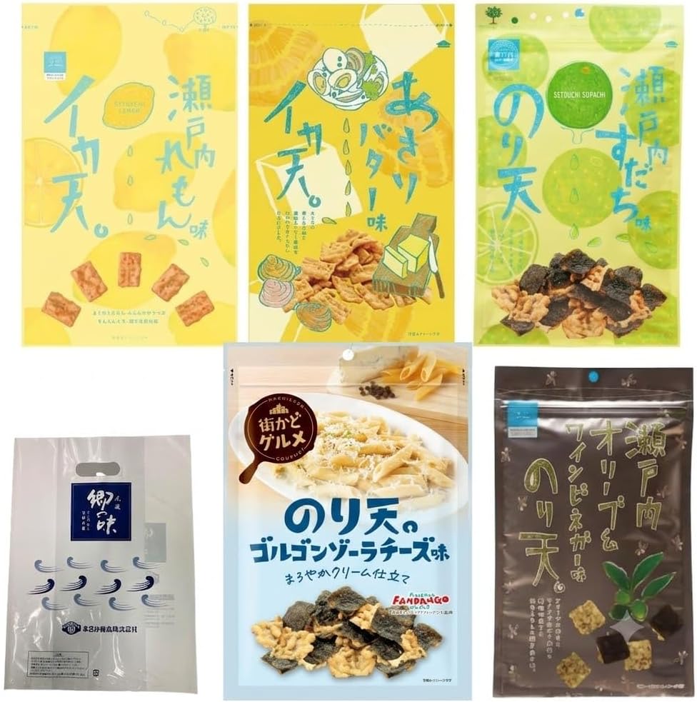 【Maruka Foods Official Online Store】Ika Ten Nori Ten 5-Variety Tasting Set: Ika Ten Seto Inland Sea Lemon Flavor/Asari Butter Flavor Squid Ten/Sudachi Nori Ten/Cheese Nori Ten/Seto Inland Sea Olive