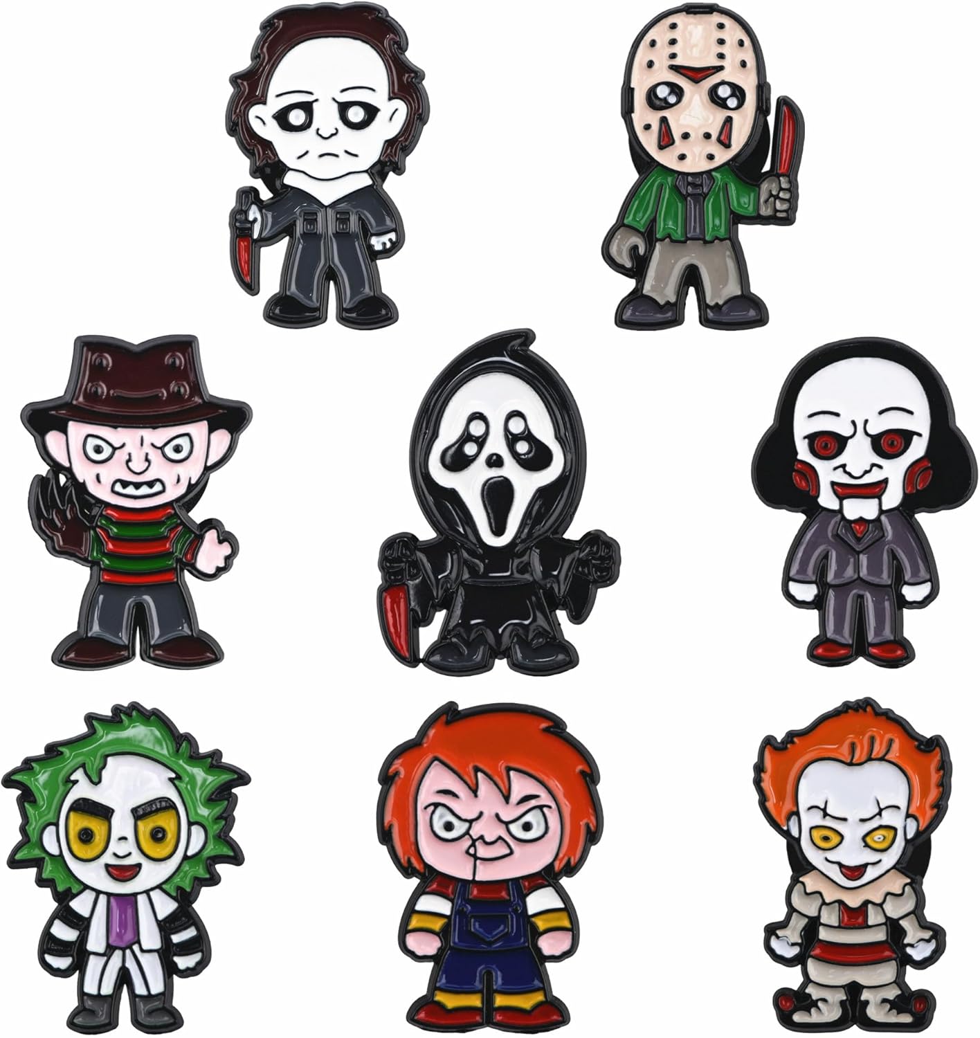 Alfileres de personajes de película de terror de dibujos animados para sombreros, mochilas, bolsos, accesorios de ropa, accesorios de moda para mujeres y niñas