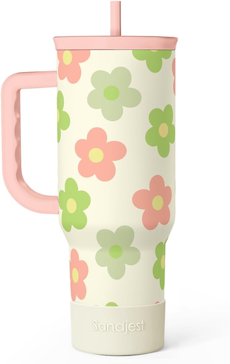 SANDJEST Vaso de 40 onzas con asa y pajilla, taza de café de viaje de acero inoxidable aislado para mujeres, niñas, amantes de la playa, idea de regalo para cumpleaños, Navidad, día de la madre, vacaciones de verano (color)